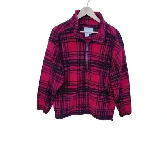 EDDIE BAUER red/black flannel  POLARTEC 1/4 zip Pullover Fleece Men Size… - Picture 1 of 7
